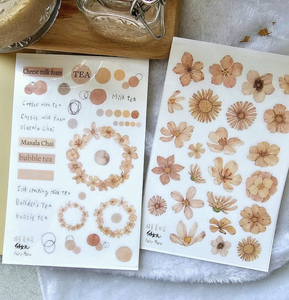 Fairy Maru - Milk Tea Color Flowers - Transfer Stickers