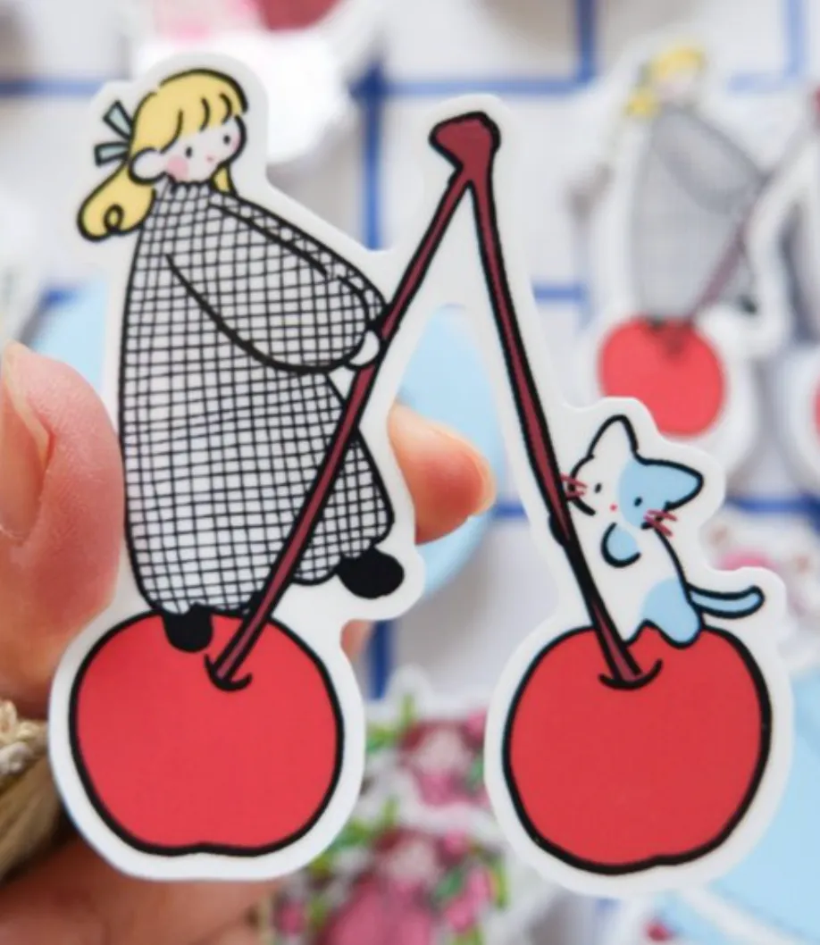 Shiima - Cherry, Girl, Kitties - Water Resistant Sticker Set