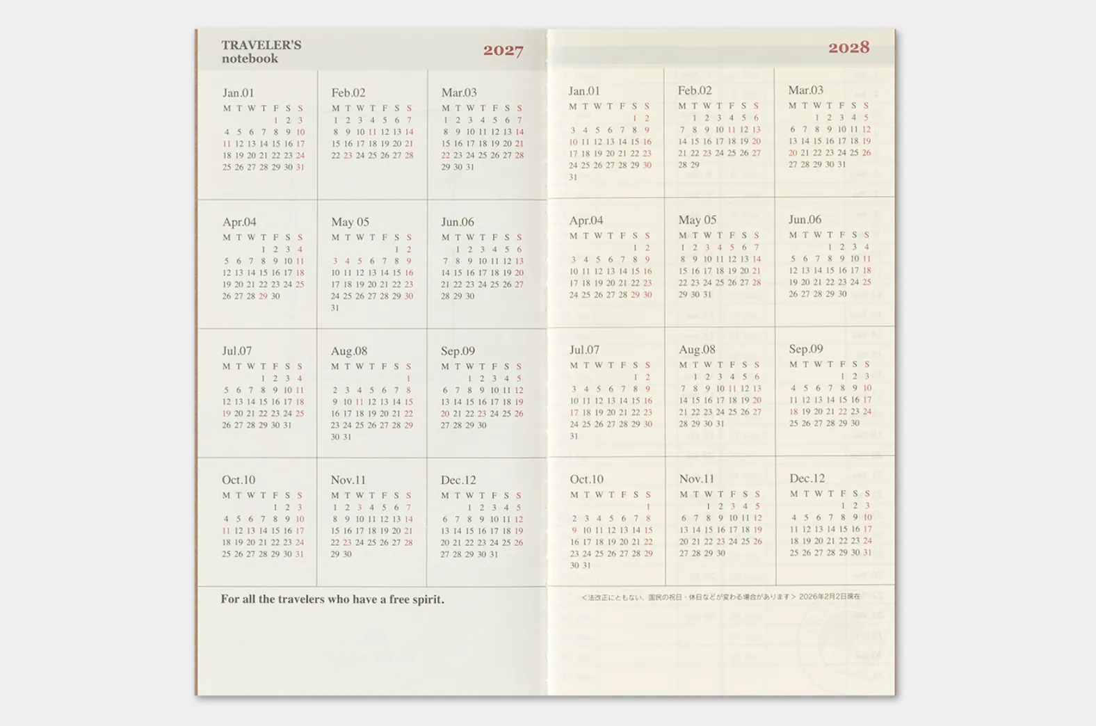 2027 - TRC Traveler's Notebook - Weekly + Memo Diary - Regular Size