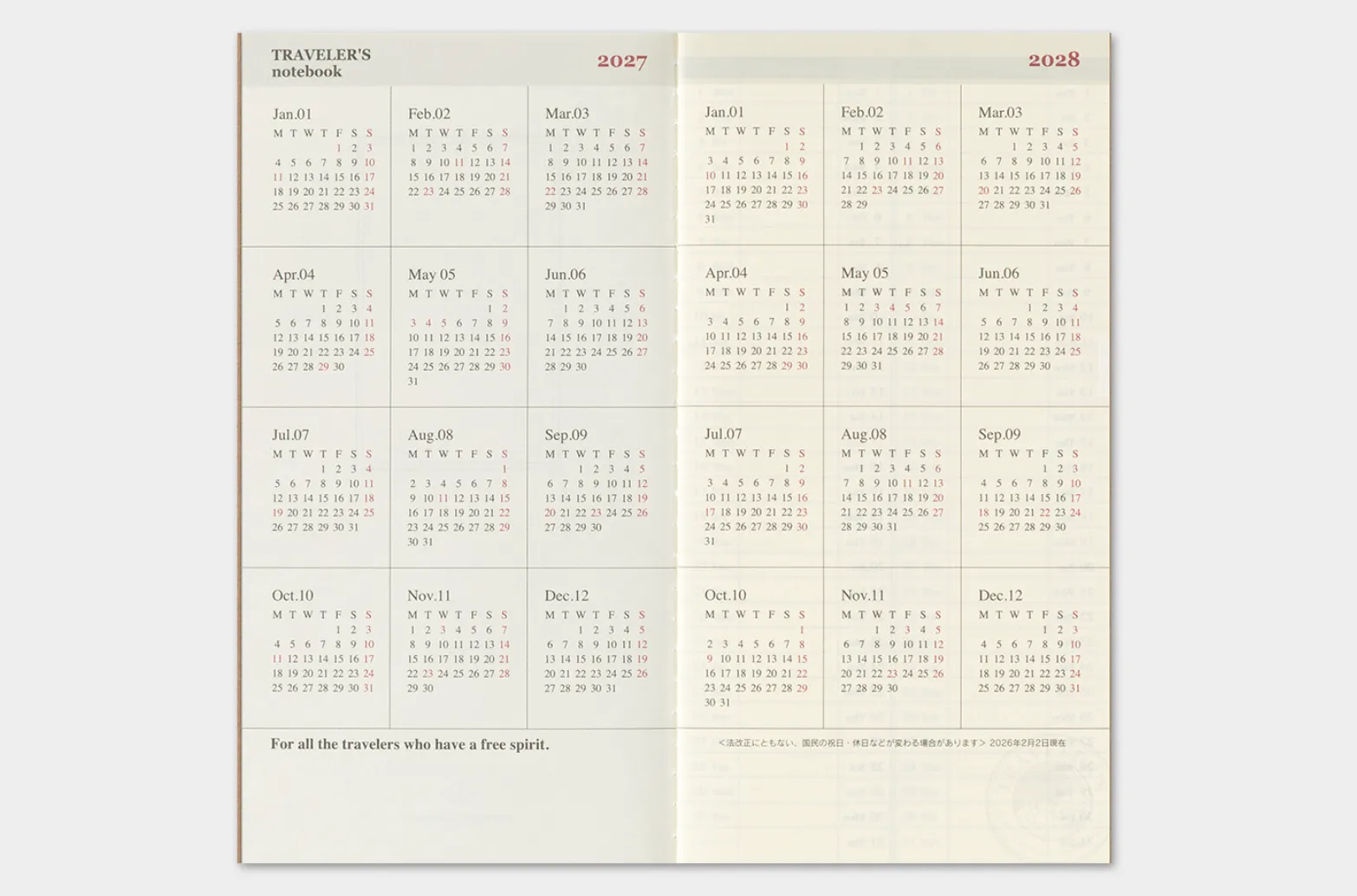 2027 - TRC Traveler's Notebook - Weekly + Memo Diary - Regular Size