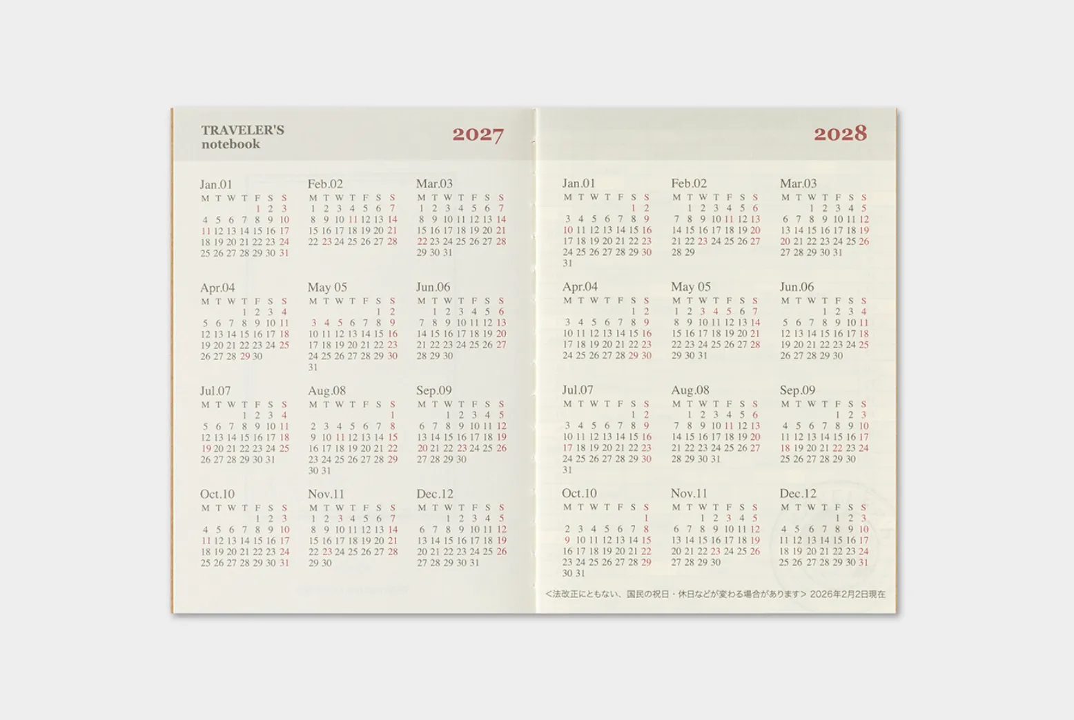 2027 - TRC Traveler's Notebook - Monthly Diary - Passport Size