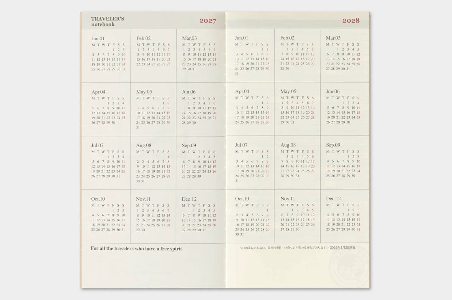 2027 - TRC Traveler's Notebook - Monthly Diary - Regular Size