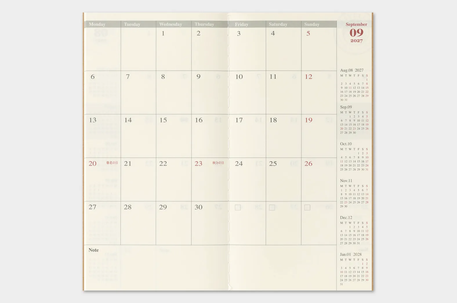 2027 - TRC Traveler's Notebook - Monthly Diary - Regular Size